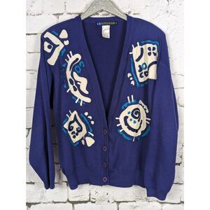 VINTAGE I.B. DIFFUSION Pop Art Silk-Applique Beaded Knit Cardigan 1993 Medium